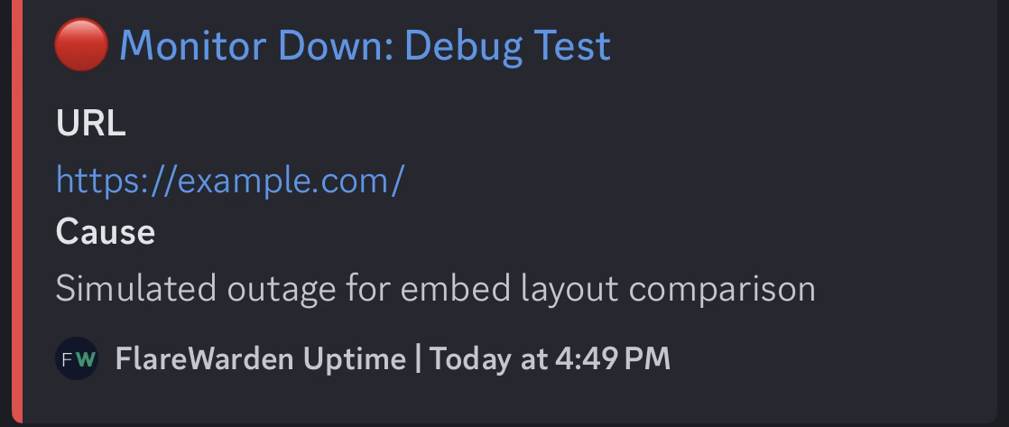 A real FlareWarden down alert in Discord: red embed titled Monitor Down with URL and Cause fields